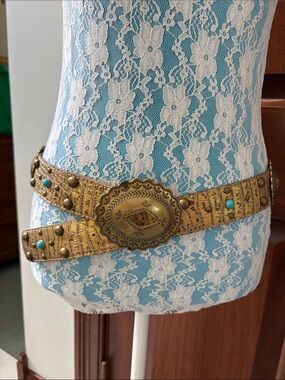 Kathy Van Zeeland Gold belt leather/decorative brass ovals &  Turquoise Vintage